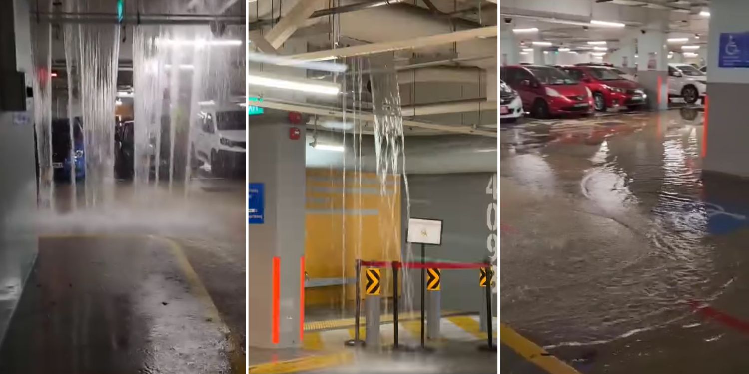 Air Terjun Dadakan Banjiri Parkir Punggol
